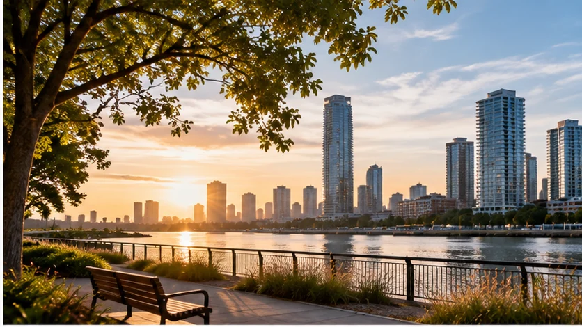 Paisaje urbano junto al río al atardecer